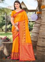 Banarasi Silk Orange Festival Wear Weaving Saree